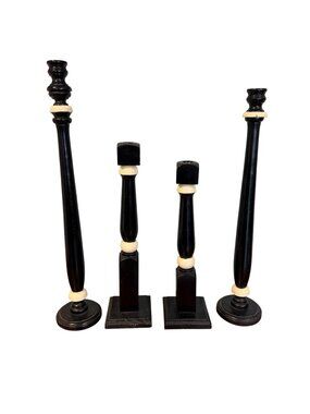 Wooden Tall Candle Holders Set Of 4 Black Cream Taper Handcrafted Rustic Decor